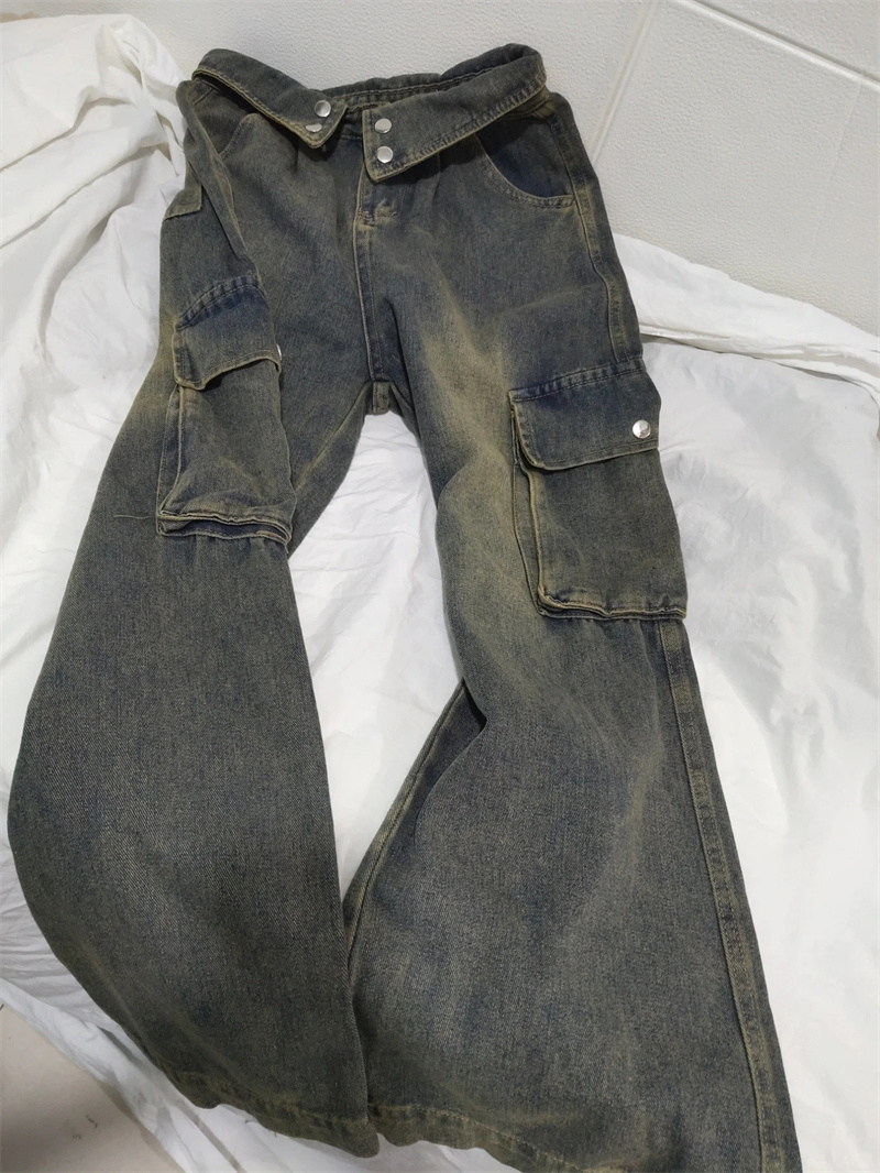 2024 Korean version washed American retro street niche design jeans autumn and winter high waist versatile loose straight pants