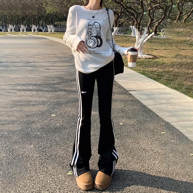 實拍2024早春復古修身顯瘦彈力喇叭褲瑜伽褲小眾設計休閒褲女