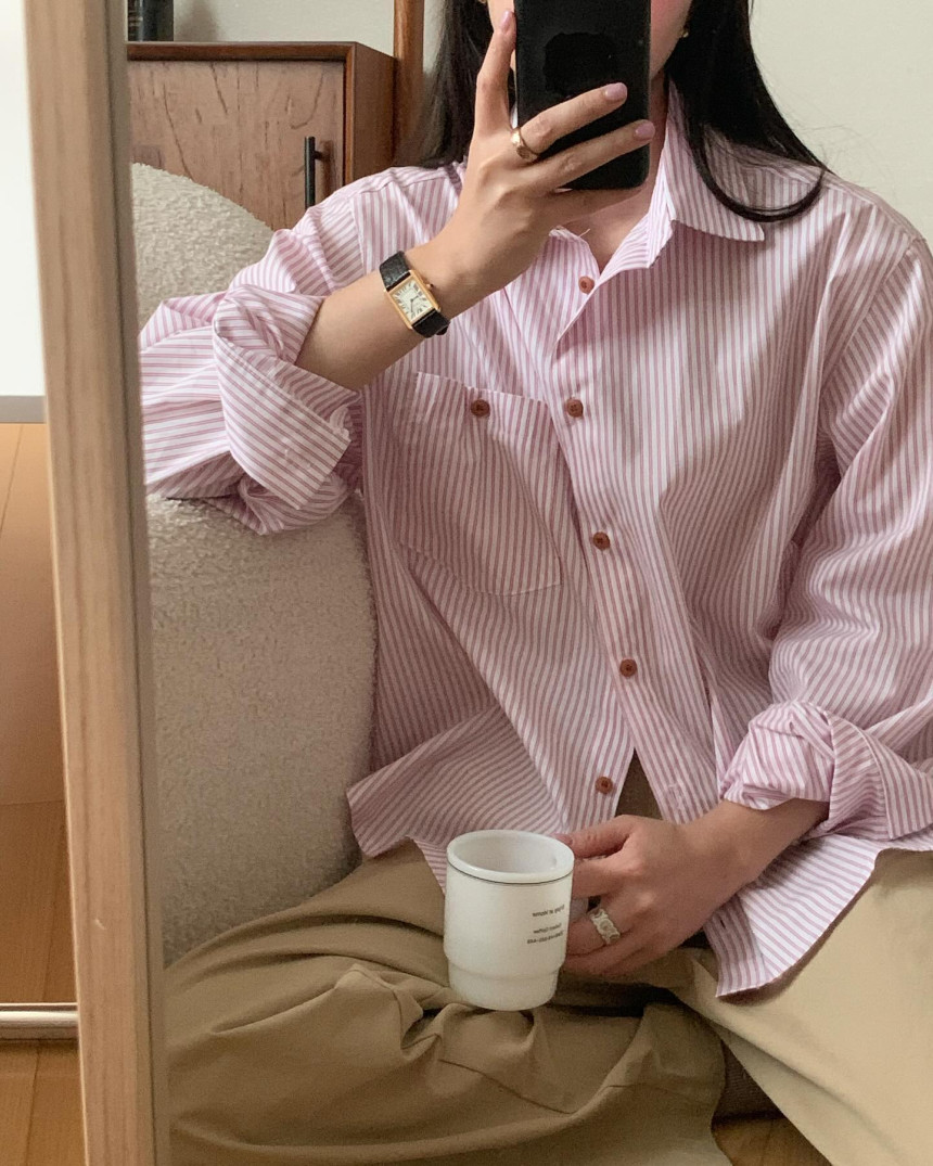 韓國chic早春氣質 長袖條紋襯衣