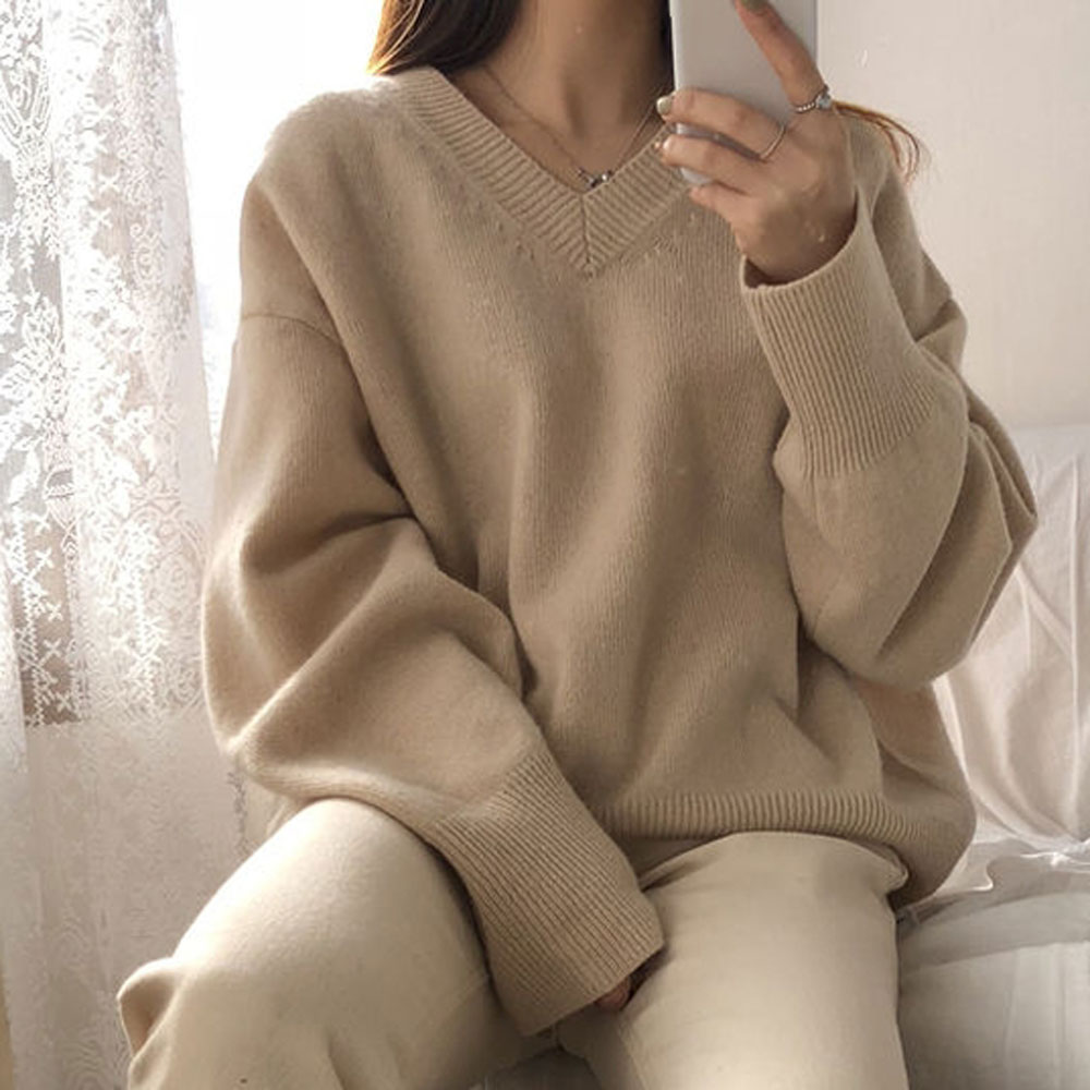韓國慵懶風v領毛衣女寬鬆顯瘦慵懶風春秋外穿針織打底衫上衣內搭