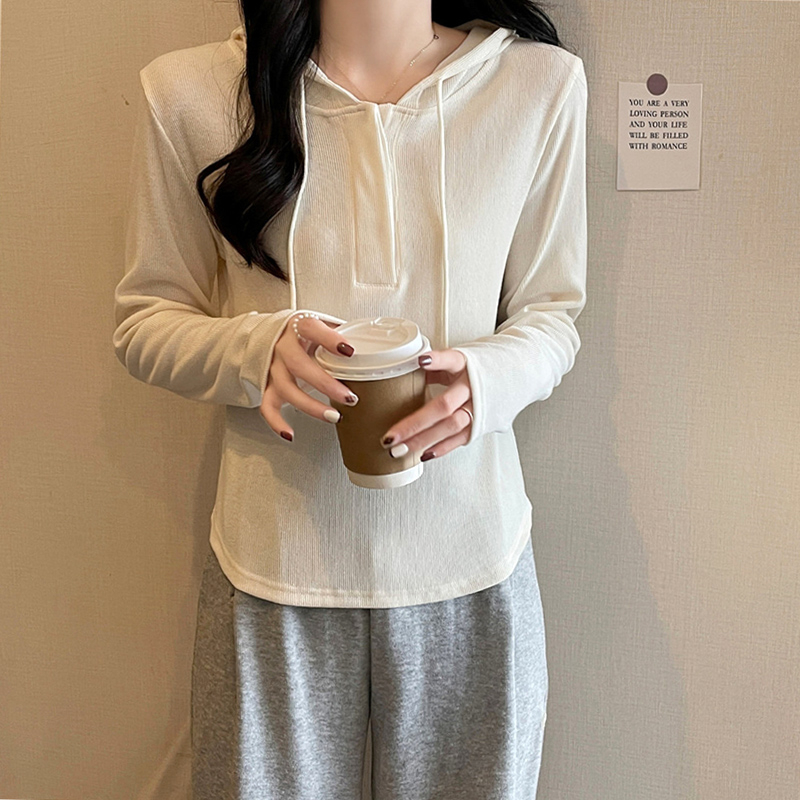 Real shot of four-color autumn daily simple inner layering shirt long-sleeved T-shirt for women irregular hooded V-neck top