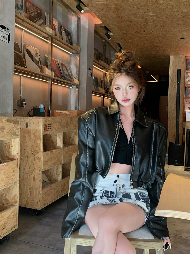 Real shot of retro heavy-duty washed lapel small high-waisted short PU leather motorcycle jacket jacket