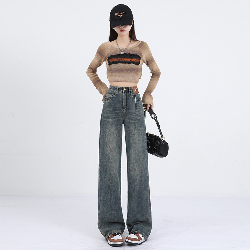 實拍2024早春刺繡牛仔褲女小眾復古直筒闊腿褲