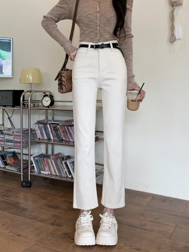 Actual shot #New straight denim trousers for women with high waist design, embroidered back pockets, nine-point cigarette pipe pants