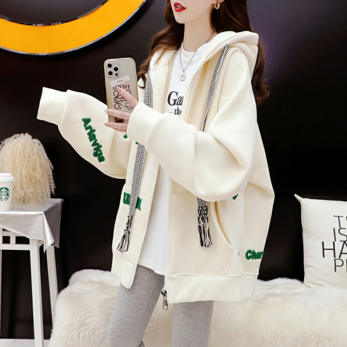 280g twill autumn thin hooded sweatshirt loose mid-length casual jacket for women