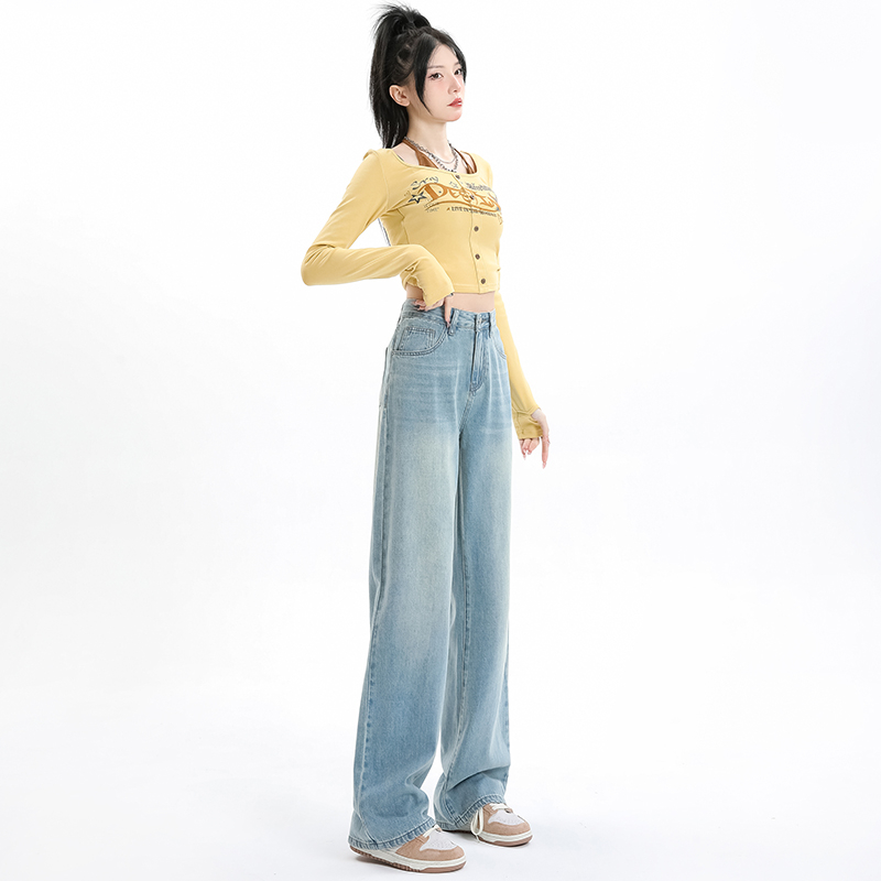 實拍2024早春直筒褲闊腿褲女裝牛仔褲長褲
