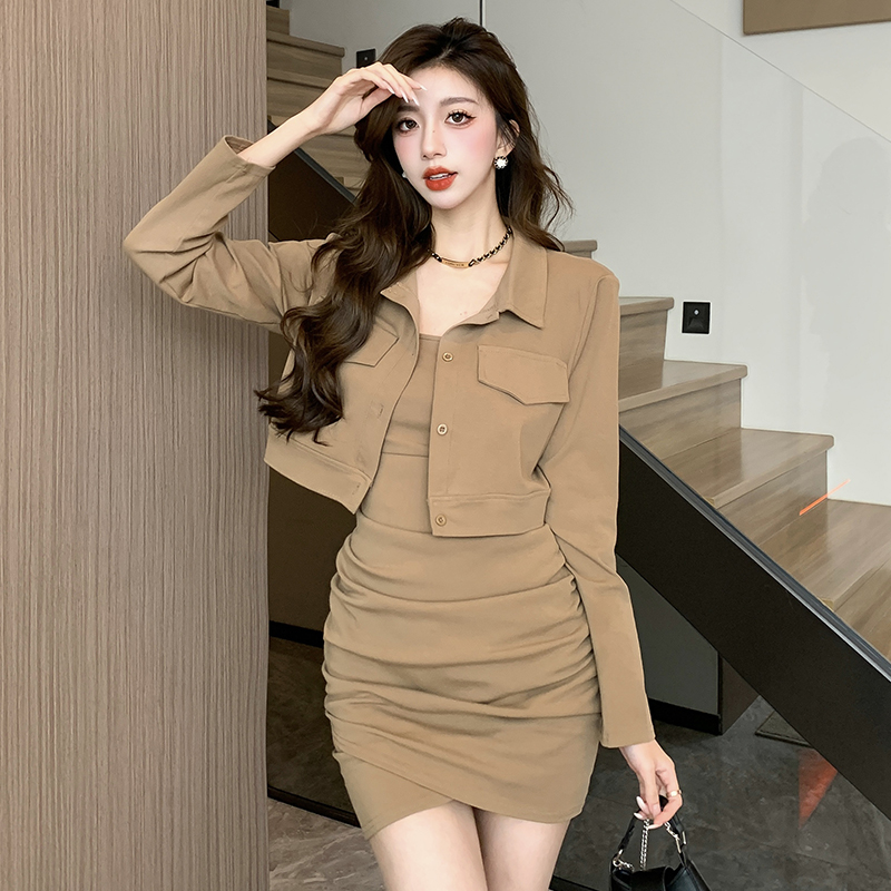 2024 spring and summer new short coat suspender dress long-sleeved two-piece set for women sweet and cool girl design European and American