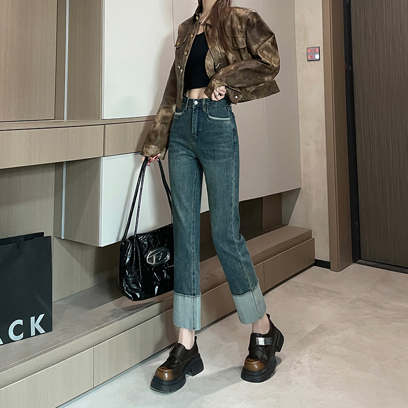 實拍2024早春時尚潮流美式復古直筒卷邊牛仔褲女