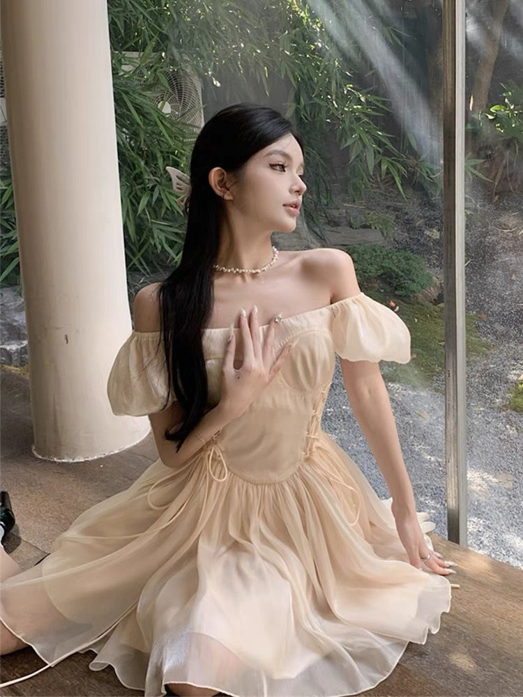 Nininio秘密花園 法式方領連衣裙女春夏收腰甜美白色小個子仙女裙