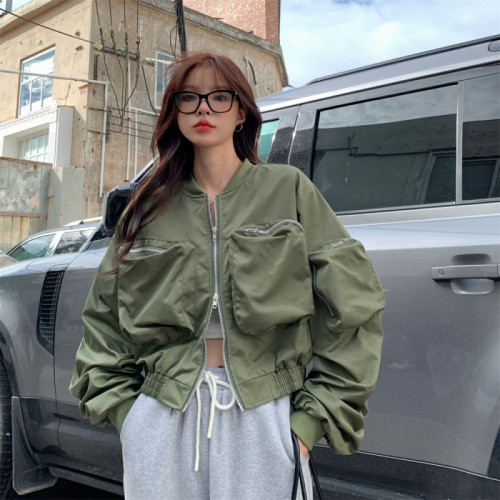 Real shot of trendy style spliced ​​large pocket workwear double zipper double lining jacket jacket motorcycle women's baseball uniform