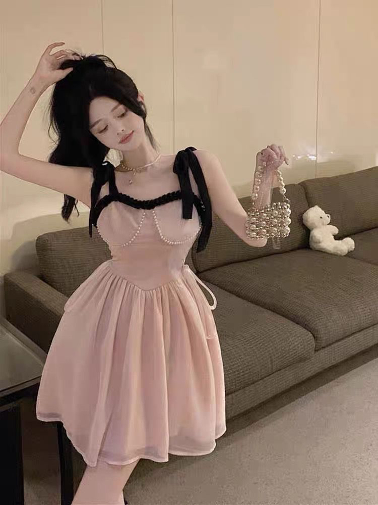 高級感粉色吊帶連衣裙女小個子法式生日小禮服氣質蓬蓬公主裙裙子