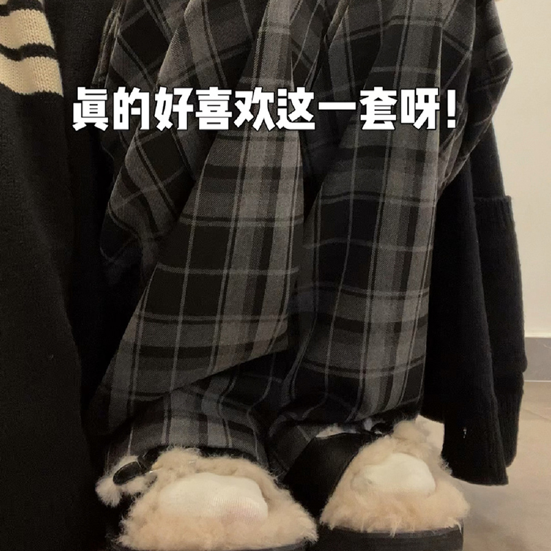磨毛原布料復古鬆緊高腰闊腿褲女新款春秋寬鬆直筒休閒褲格子褲