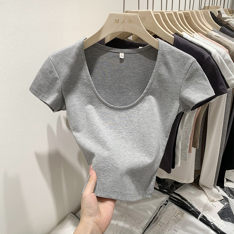 Real photos of pure lust hotties sexy U-neck clavicle short navel-baring chic top tight elastic short-sleeved T-shirt for women