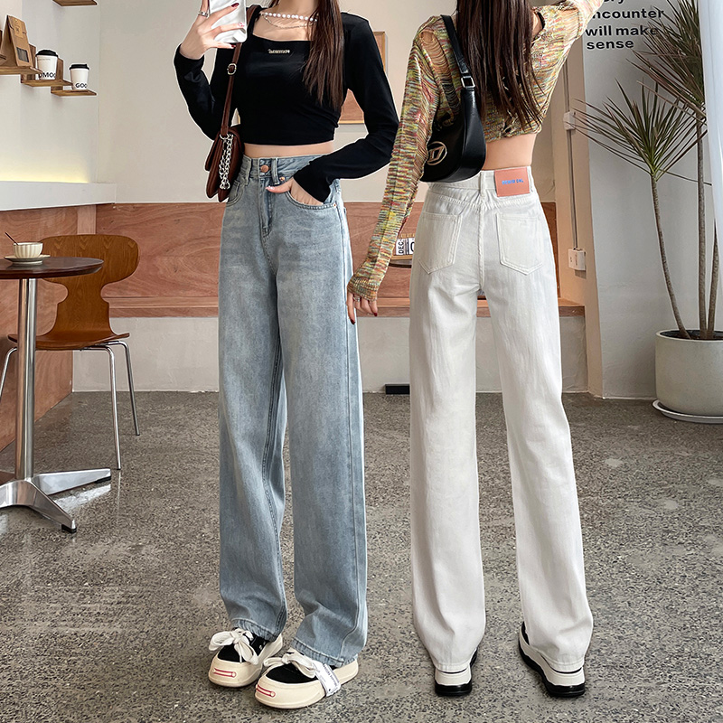 實拍2024早春時尚直筒闊腿美式復古牛仔褲女