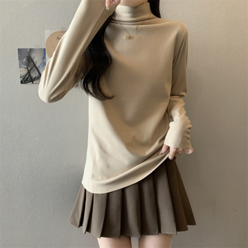 Actual shot~Versatile autumn and winter new style German velvet long-sleeved T-shirt white with small stand-up collar slim fit warm top