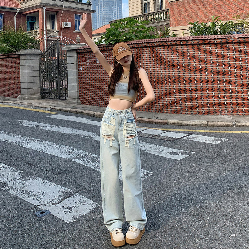 實拍~水洗牛仔褲磨爛2024年春秋新款褲子寬鬆直筒闊腿拖地褲子ins