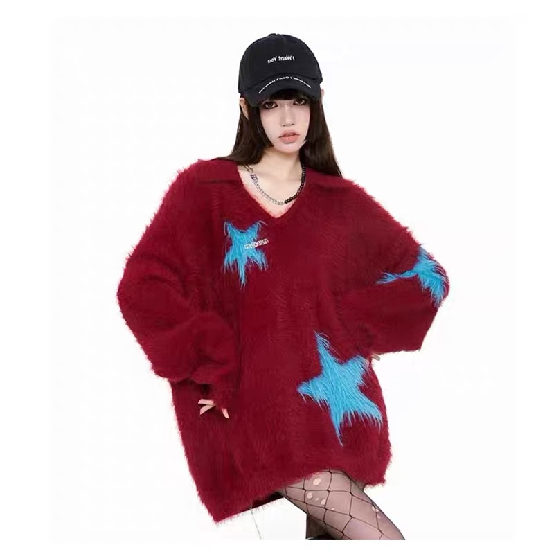 WooHa/吾哈紅色星星毛衣2024冬季新款甜辣仿貂毛軟糯風上衣女