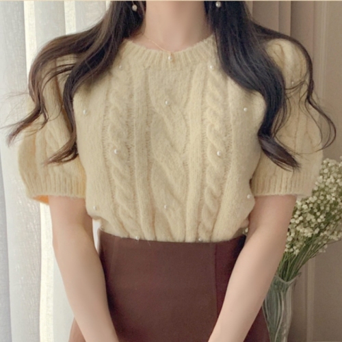 Beaded twist texture round neck short-sleeved sweater for women 2024 spring and autumn Korean version commuting versatile solid color pullover sweater