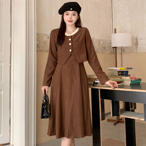 Actual shot | Two-piece set | High-end cardigan jacket + suspender dress for women in autumn and winter French corduroy suit