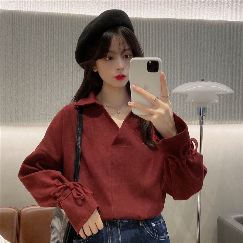 White shirt for women 2024 new Korean style design lapel drawstring niche chic long-sleeved top