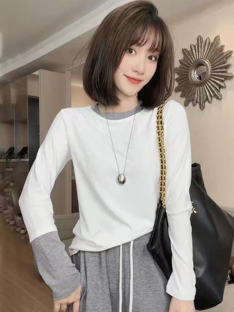 正肩長袖t恤女秋季年新款女裝修身時尚洋氣假兩件上衣春秋款