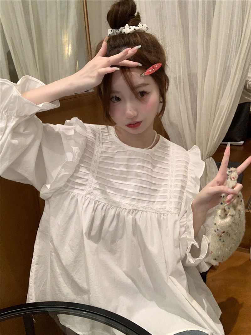 實拍早春新款蕾絲邊甜美法式別致寬鬆顯瘦長袖襯衫簡約上衣