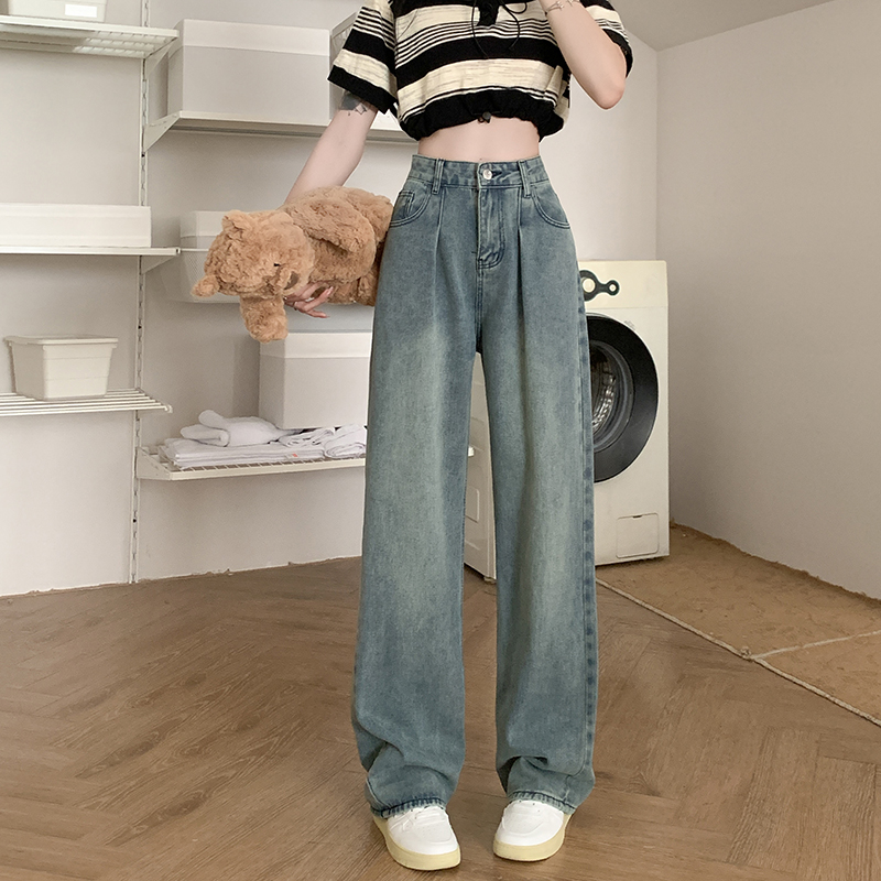 Actual shot of 2024 spring and summer Korean style high-waisted niche straight-leg drape slimming extended floor-length mopping pants wide-leg jeans for women