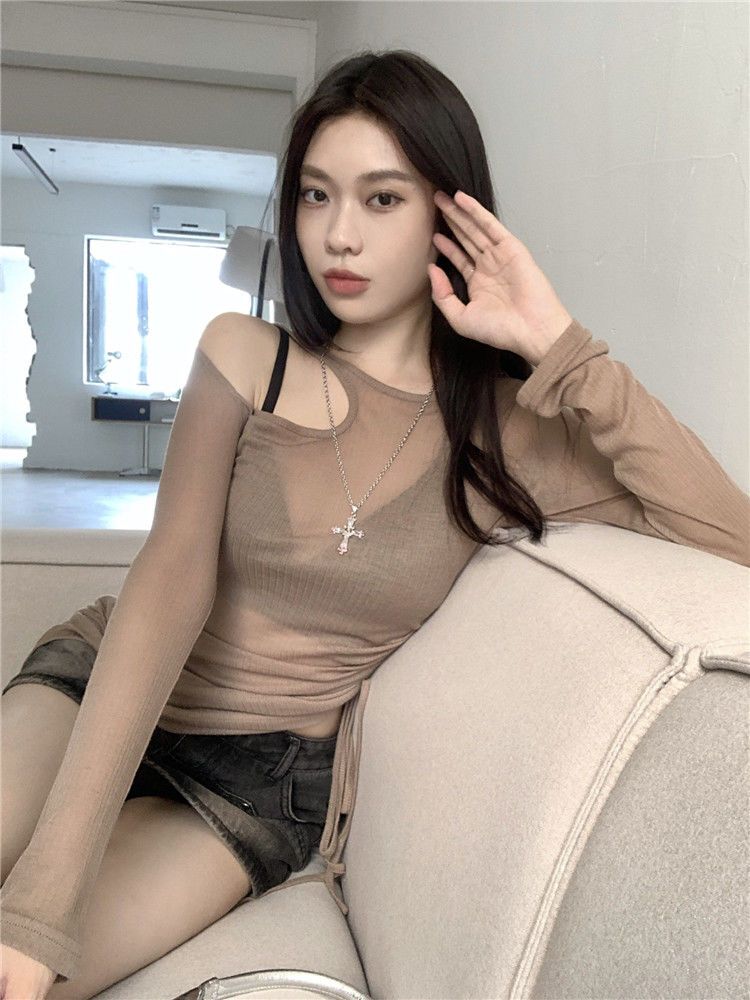 辣妹小心機微透薄款長袖t恤女夏季新款抽繩設計感小眾上衣ins潮牌