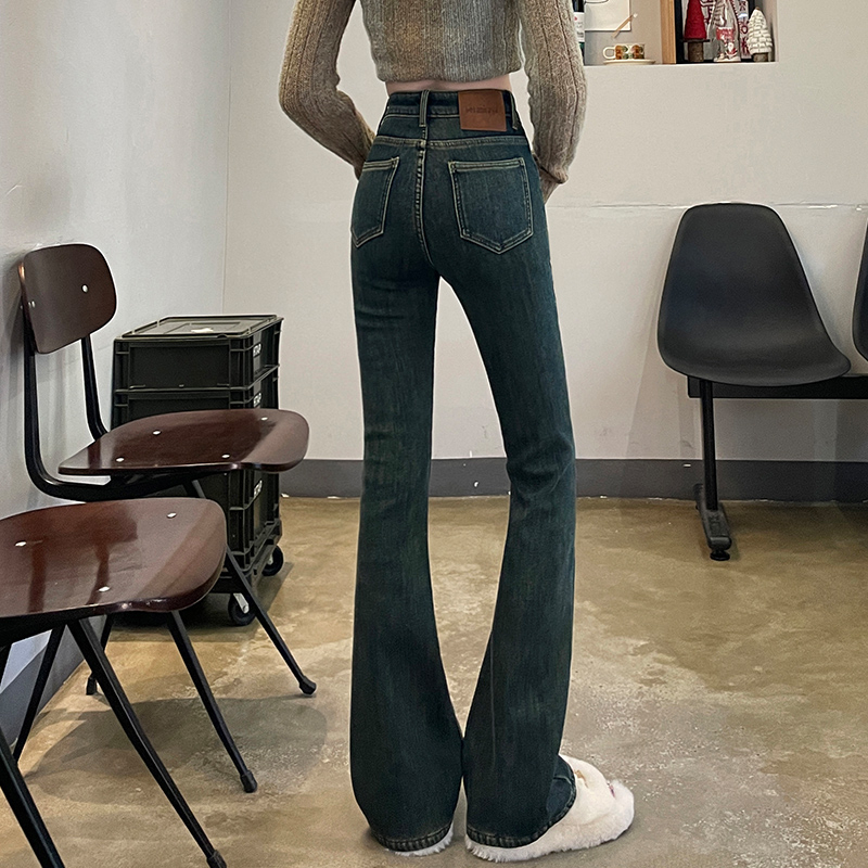 實拍2024早春高腰微喇牛仔褲女顯瘦休閒潮褲子