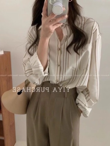 South Korea's Dongdaemun spring new niche style vertical striped loose long-sleeved shirt tops for women