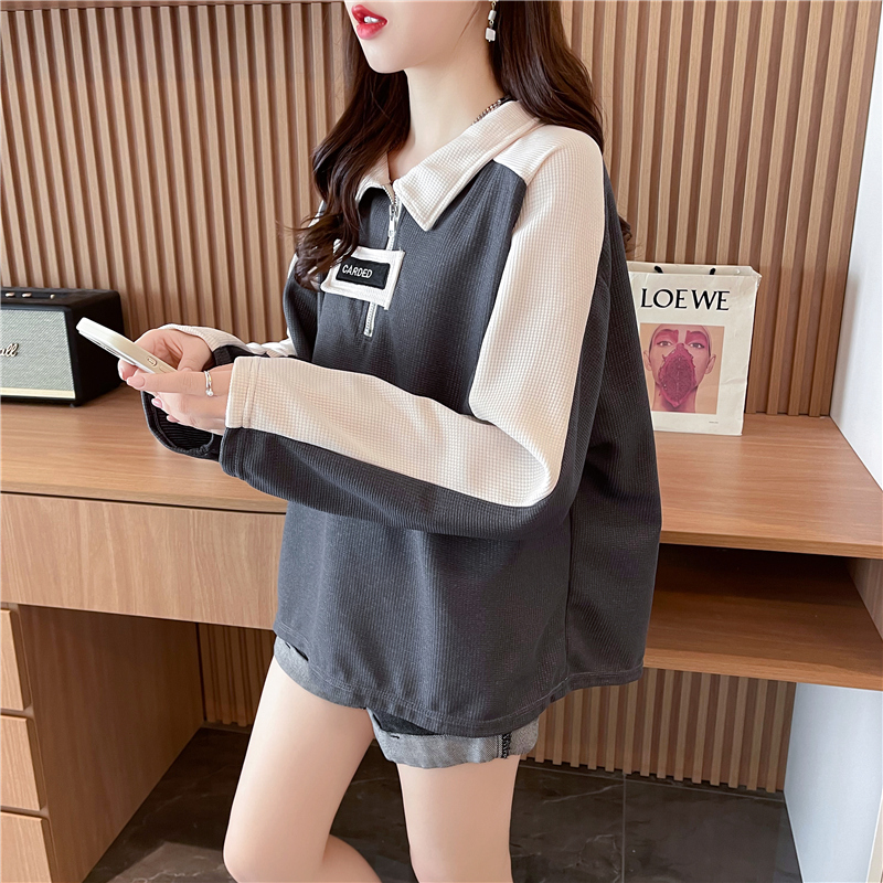 First real shot of 260 waffle 100 polyester large size mid-length loose POLO collar sweatshirt for women