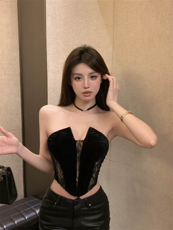 實拍 辣妹性感魚骨透視不規則抹胸