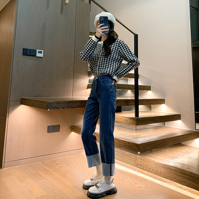 實拍2024早春辣妹出街 翻腳邊設計直筒煙管法棍褲