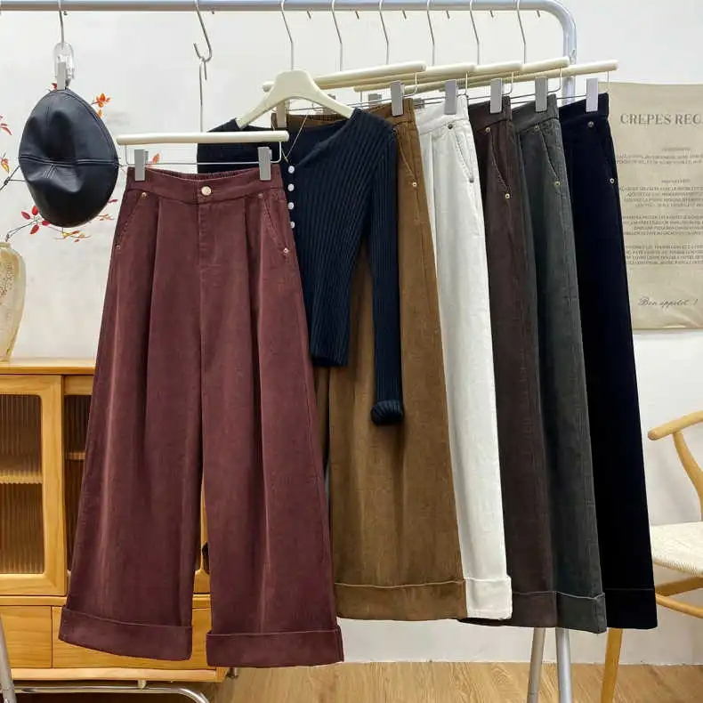 Retro style rolled edge Japanese corduroy wide-leg pants for women in autumn and winter high waist slim straight leg casual pants with big feet