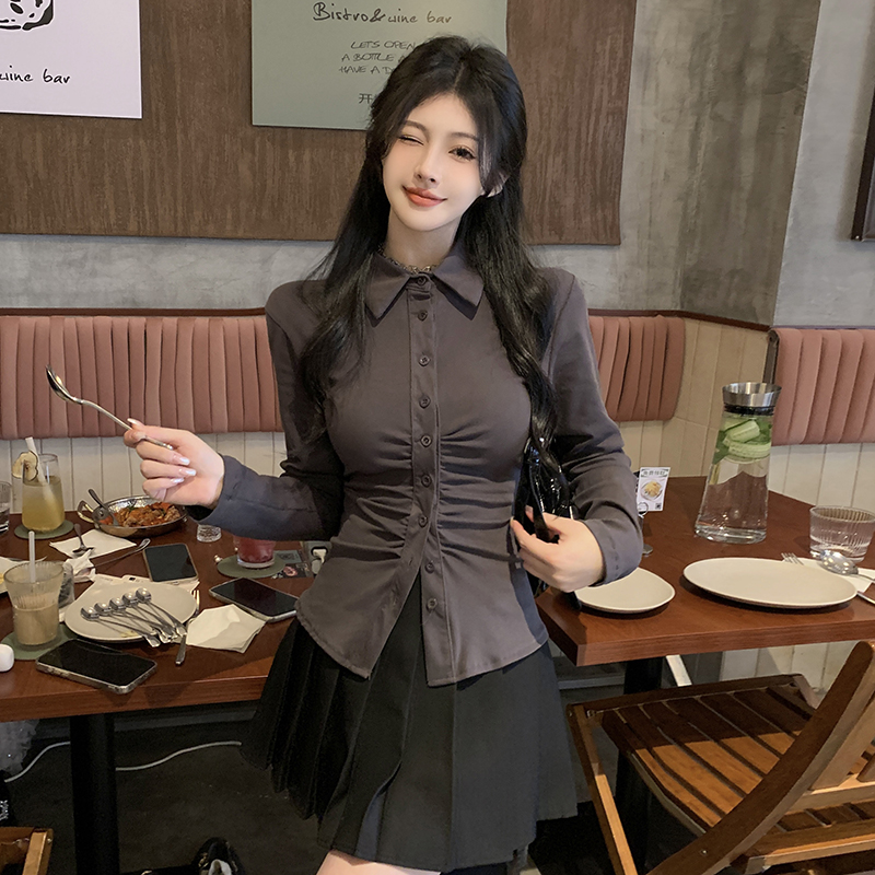 Real shot ~ 2024 spring design waist pleated pure desire shirt large size fat mm sexy jk shirt summer top