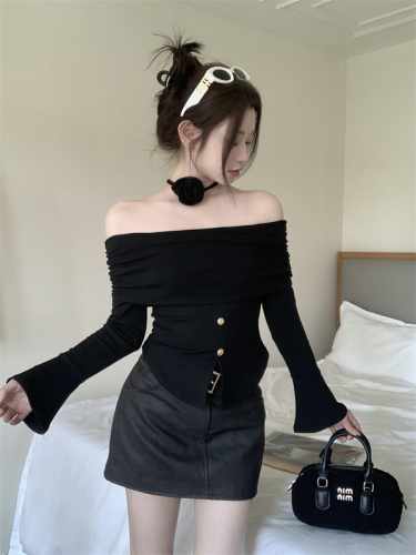 Actual shot of design one-shoulder lace-up floral slim-fit bottoming shirt spring and summer new slimming slit knitted t-shirt