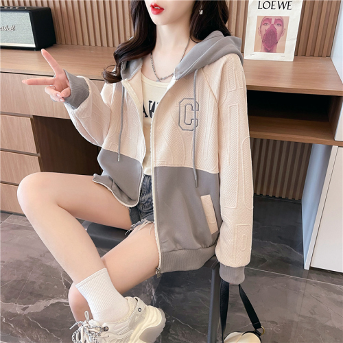 First real shot of jacquard Chinese cotton composite milk silk 100 polyester large size mid-length loose zipper sweatshirt for women