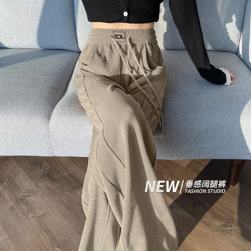 Two thicknesses of European cotton velvet composite silver fox velvet plus velvet narrow wide-leg pants for women in autumn and winter straight pants