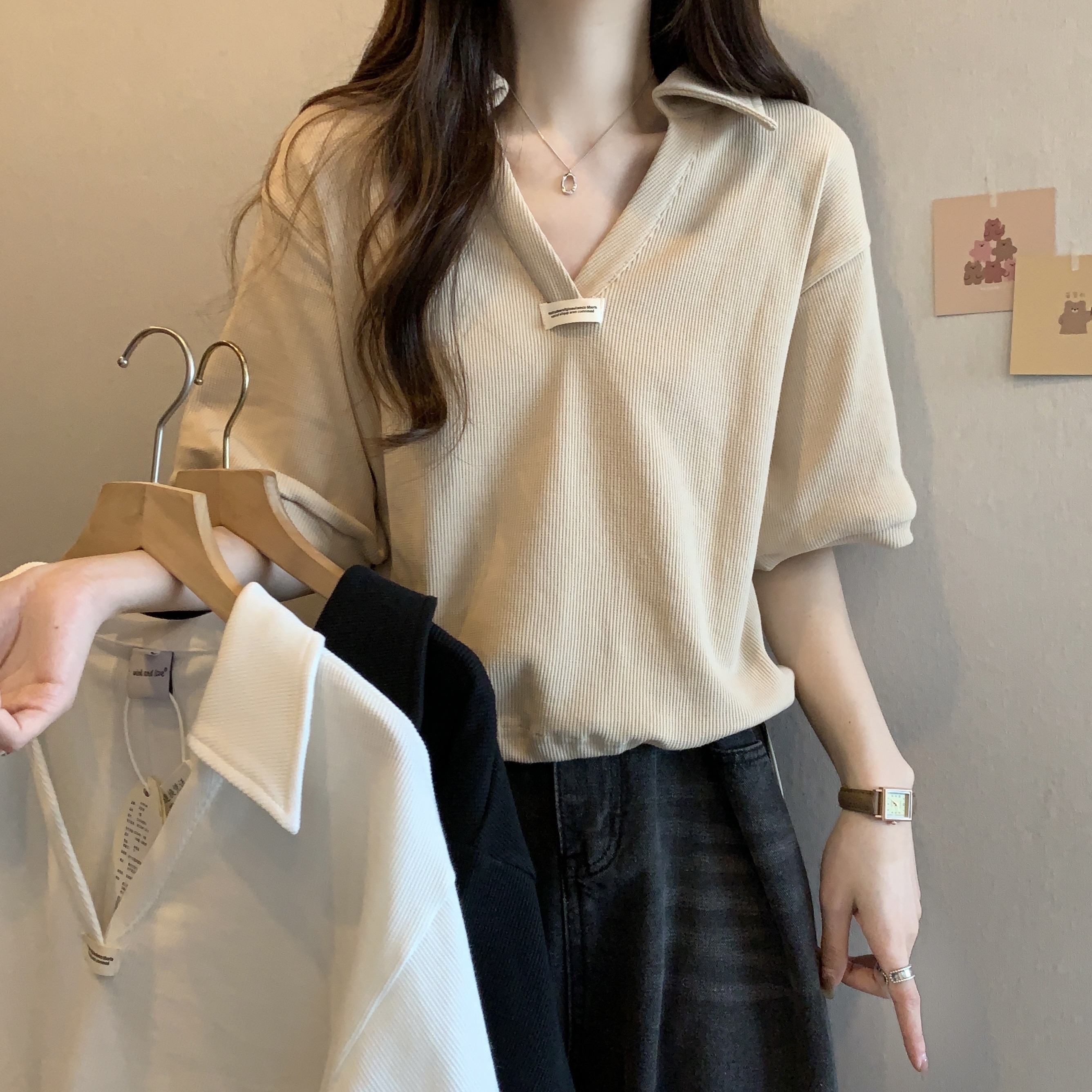 2024 real shot summer new Korean style short-sleeved T-shirt for women summer new T-shirt top POLO shirt