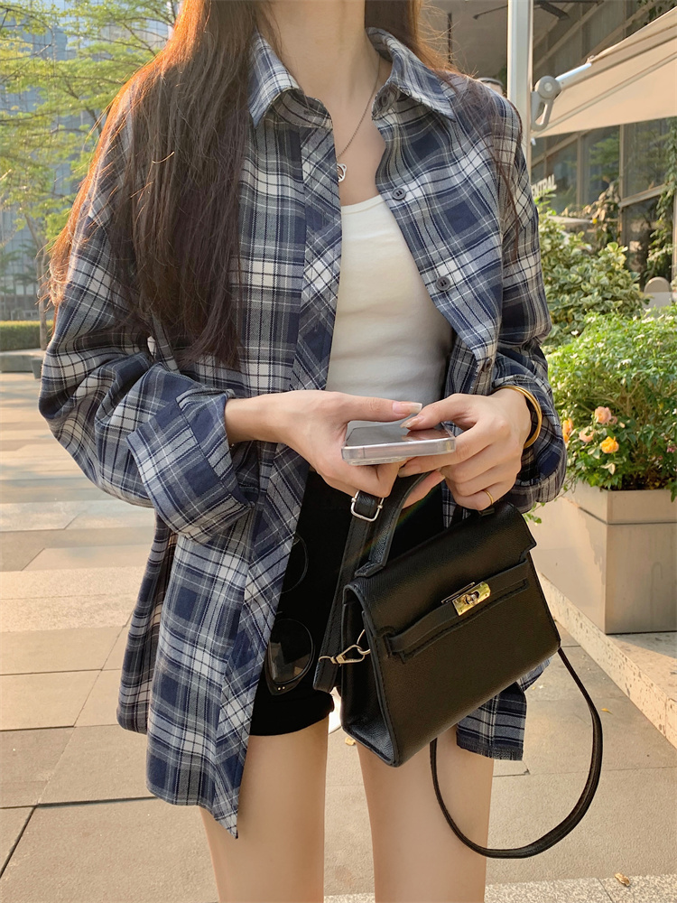 7661實拍~大碼復古格子襯衫女襯衣設計感外搭氣質上衣