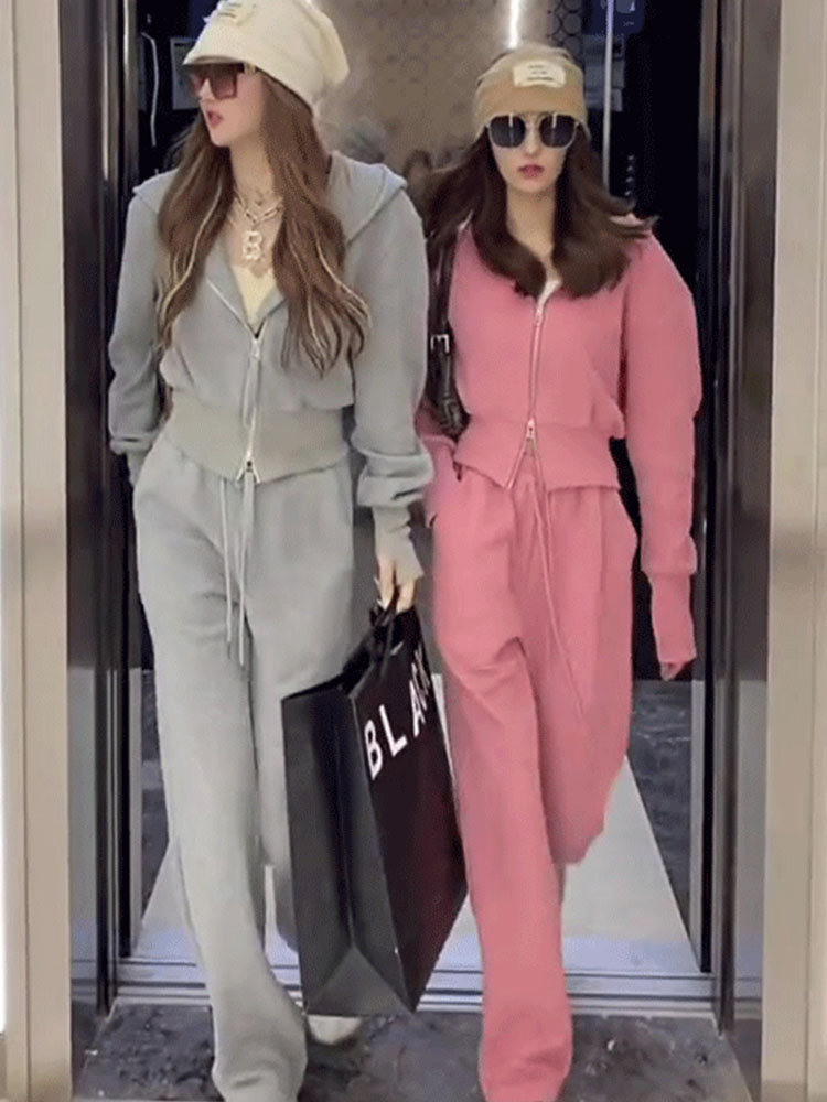 Original zipper sportswear Internet celebrity fashion two-piece suit women's gray sweatshirt casual trousers trendy
