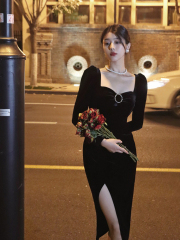 French retro dress for women autumn and winter square neck waist slit skirt Hepburn temperament black velvet birthday dress skirt