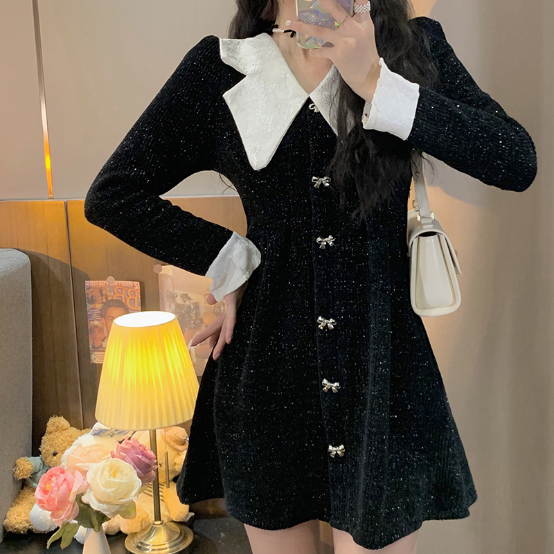 French doll collar small fragrant princess dress for women spring and autumn new style waist slimming black dress