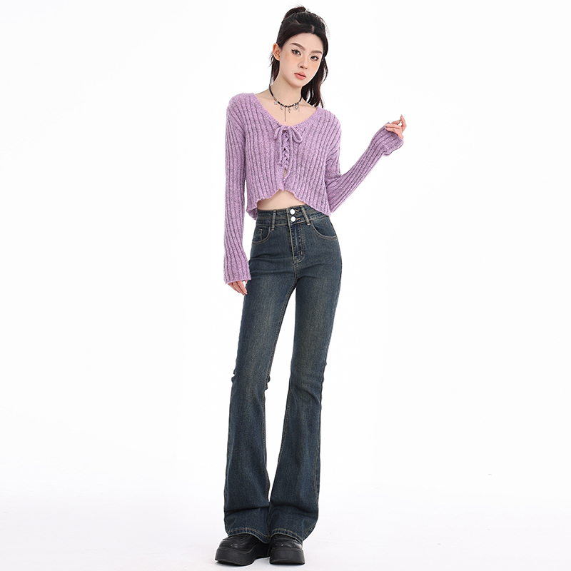 實拍2024早春微喇牛仔褲女小個子美式復古高腰顯瘦喇叭長褲