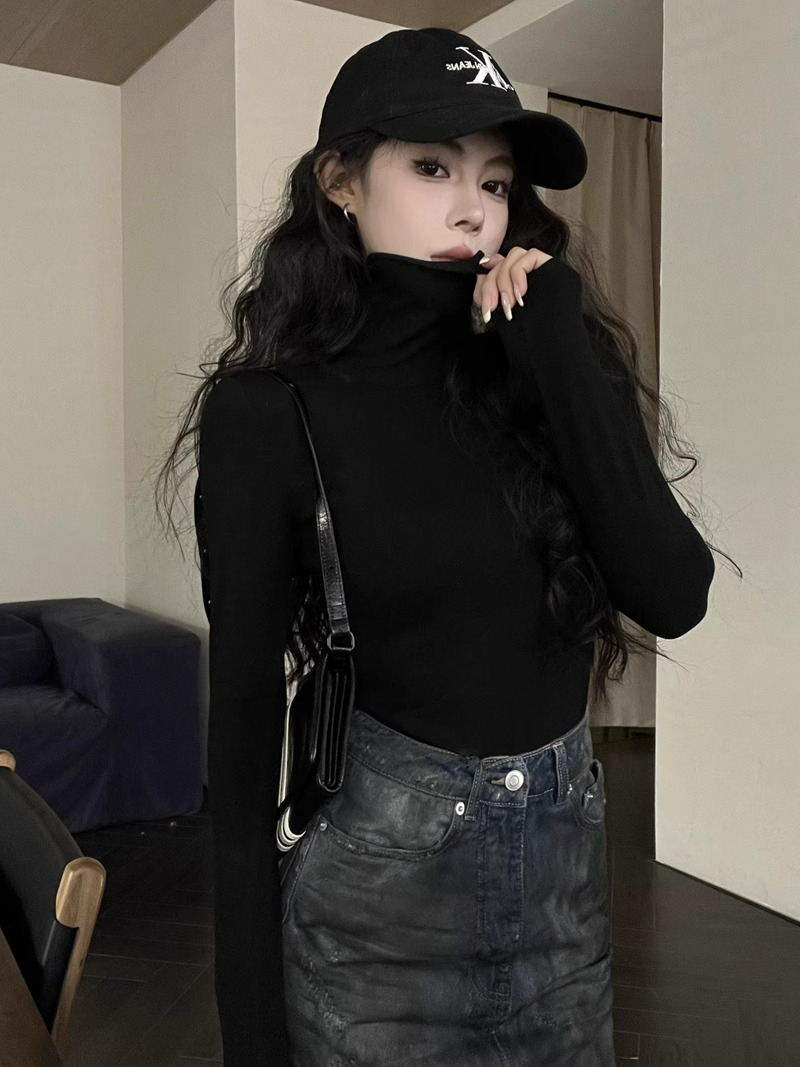 2024韓版緊身高領內搭長袖T恤女秋季純欲風辣妹修身顯瘦打底衫
