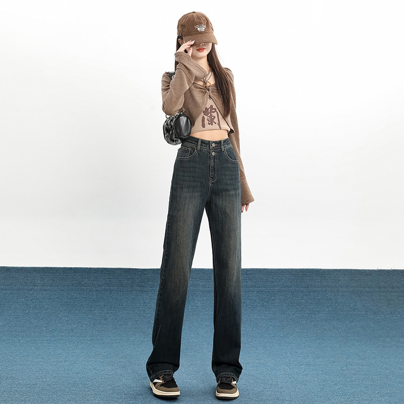 Actual shot of 2024 early spring new jeans women's narrow straight trousers loose stretch trousers