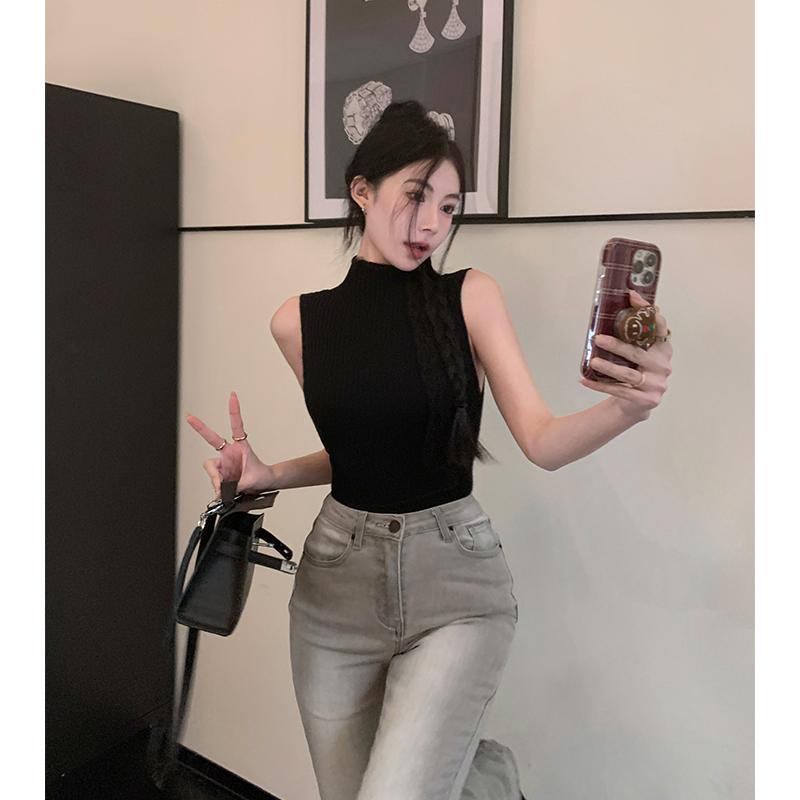 French style high collar sleeveless knitted vest for women in summer, pure lust for hot girls, slimming, western style and versatile top