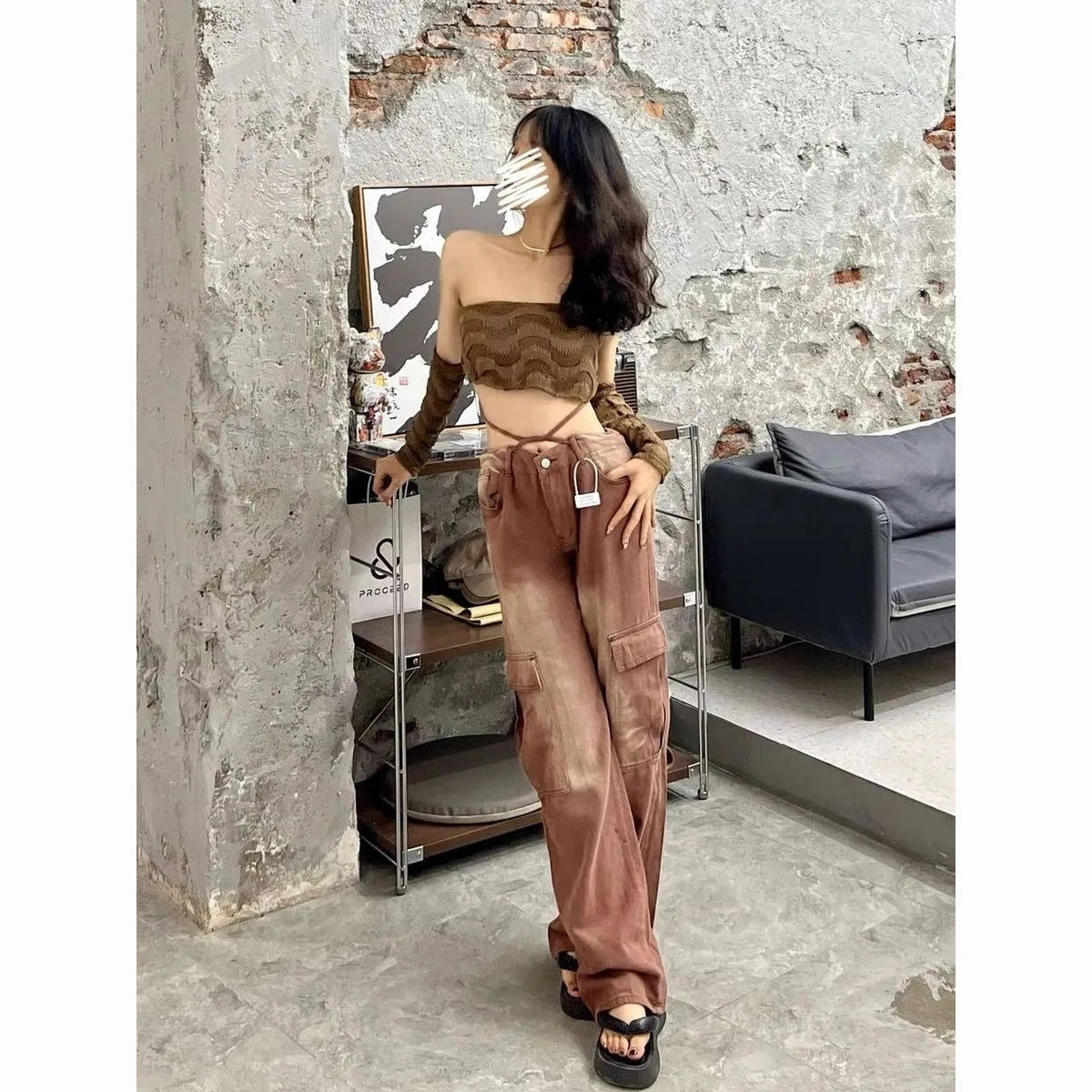 American Gradient Brown Jeans Women's 2024 Spring and Autumn New Style Straight Leg Loose Pocket Wide Leg Overalls Trendy