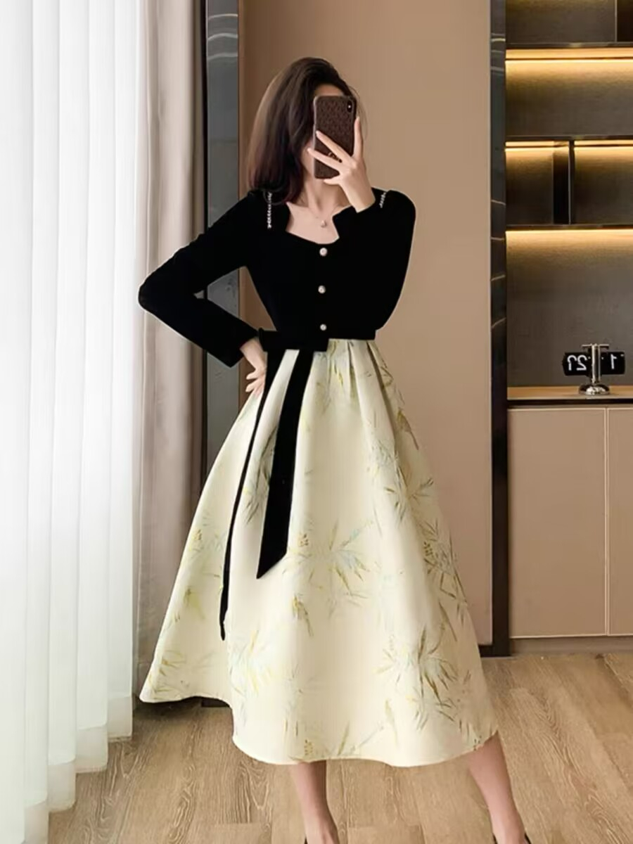 Large size design stitching embroidered bow dress women's spring and summer waist slimming A-line skirt fat mm long skirt