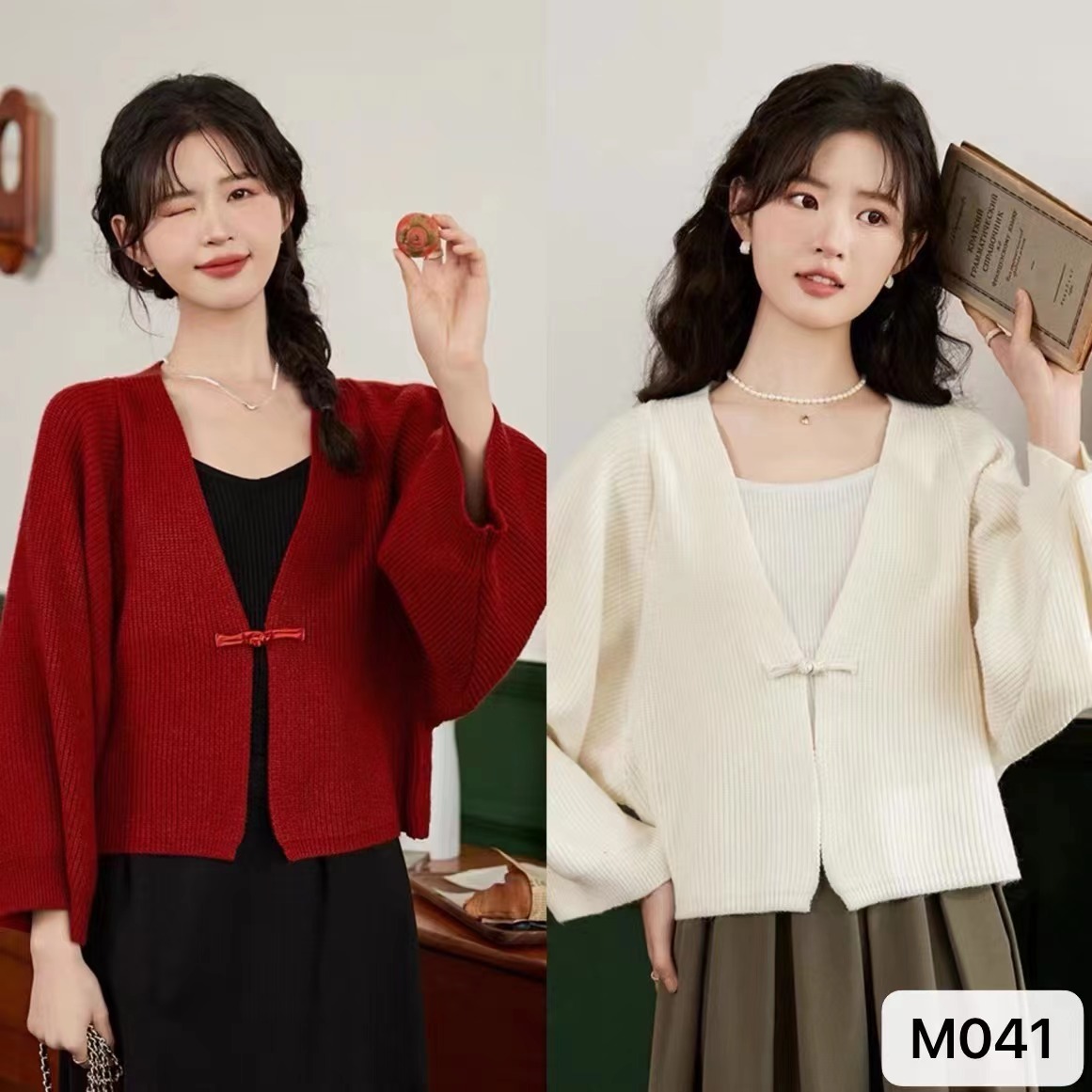 Retro Chinese-style buttoned wool sweater cardigan 2024 spring new bat sleeve sweater short coat